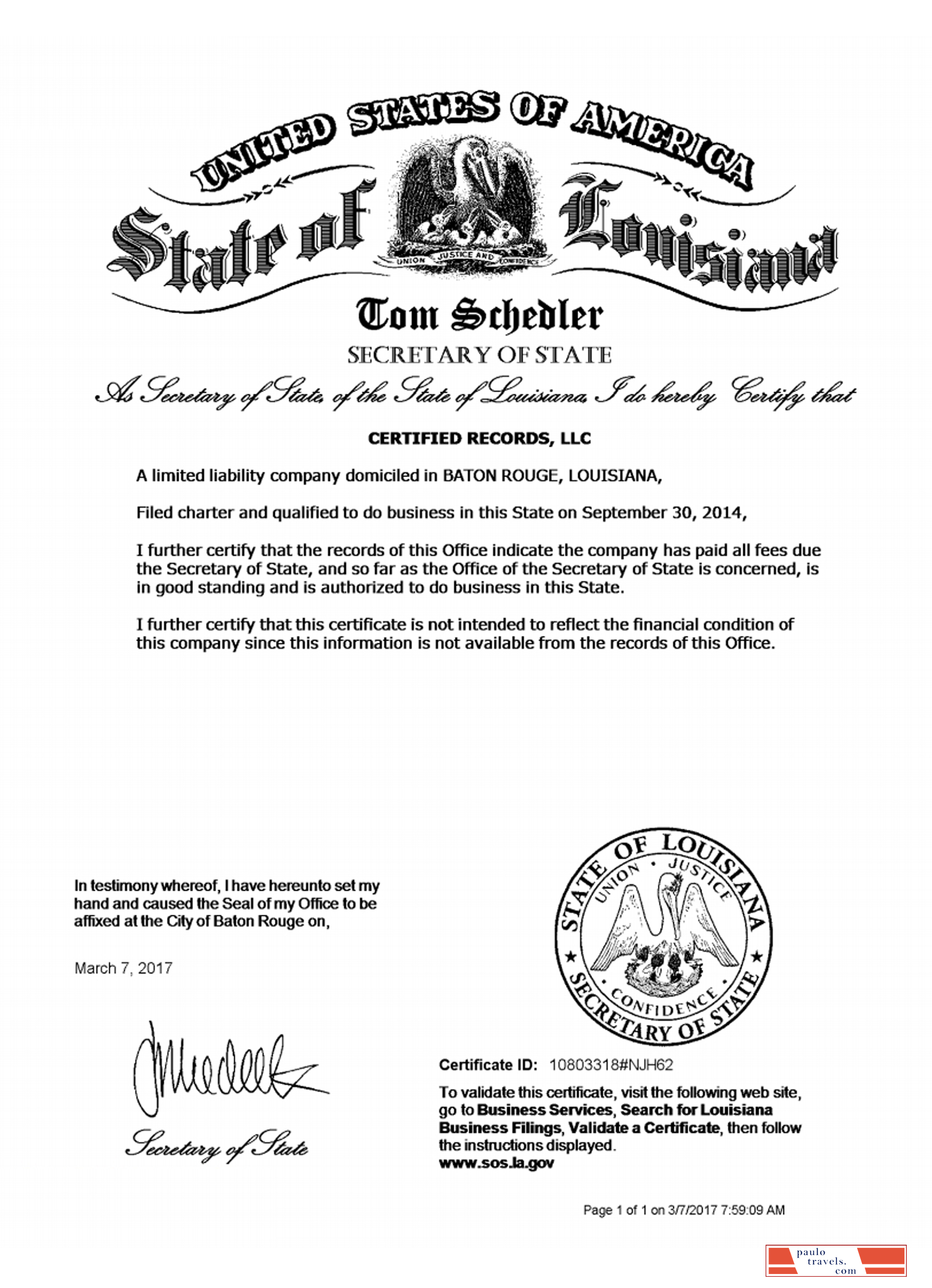 USA Louisiana certificate of good standing
